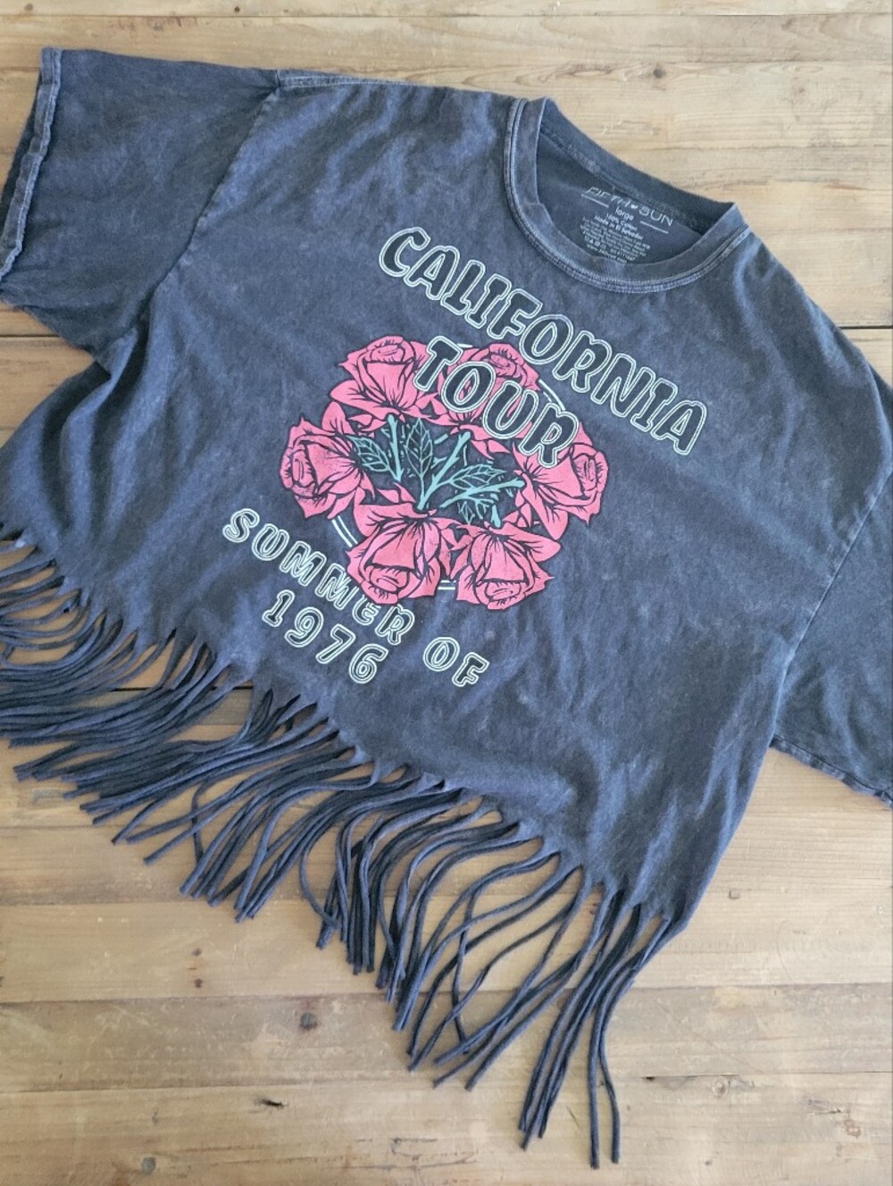Daytrip Charcoal Fringe Tee with Pink Floral Graphic